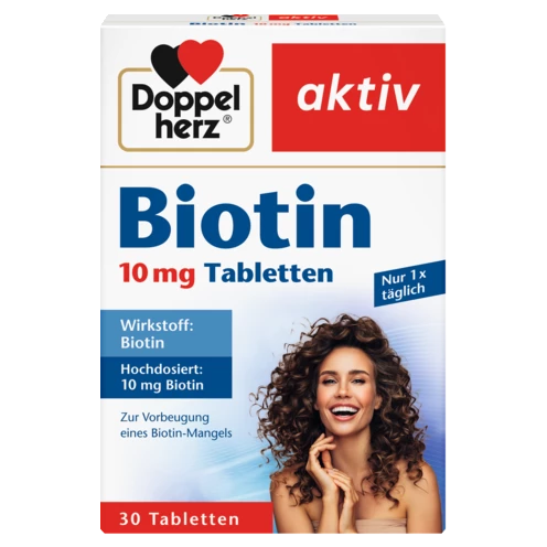 Abbildung der Produktverpackung Doppelherz aktiv Biotin 10 mg Tabletten Frontansicht